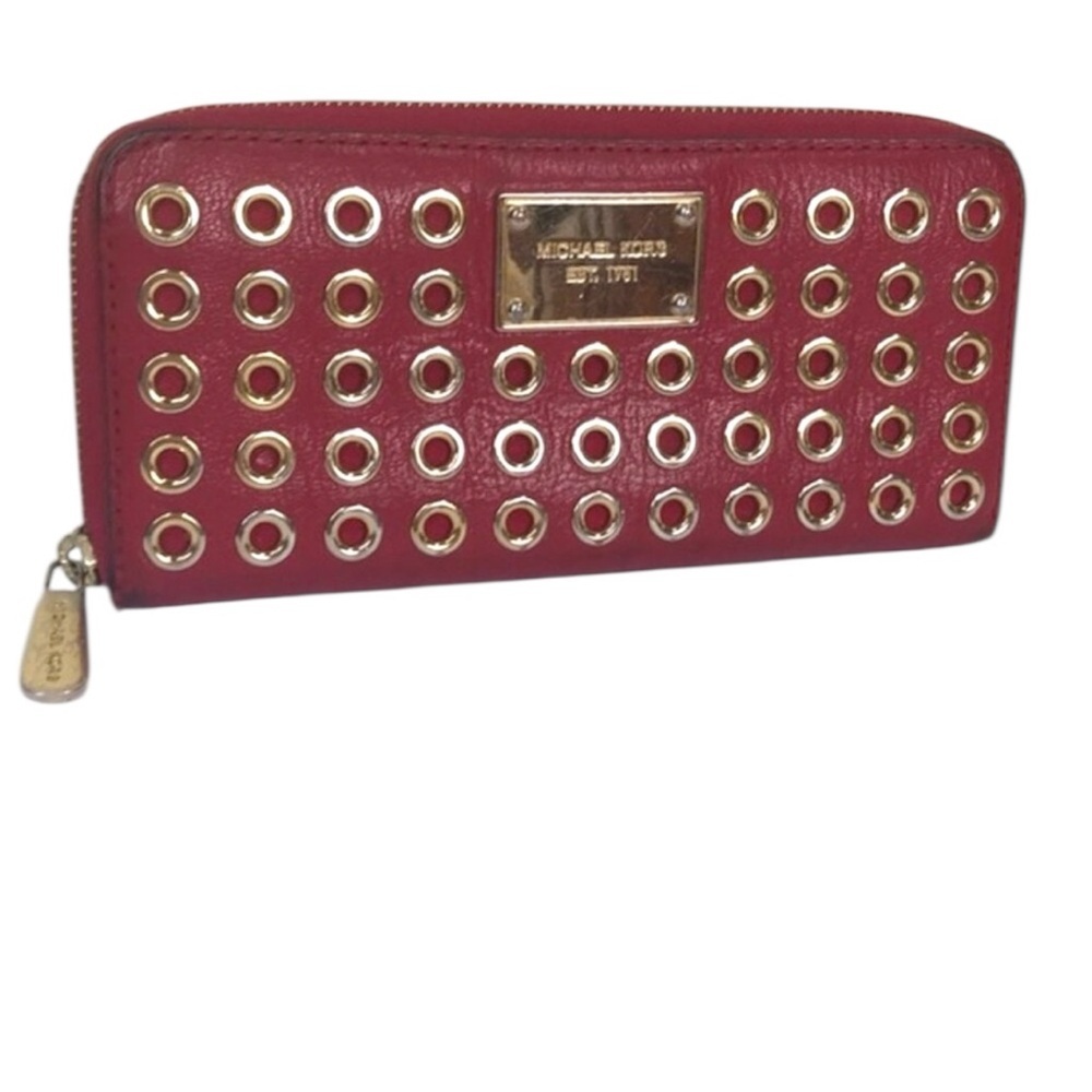 Michael Kors Leather Gold Rivets Ring Red Zippy Wallet Clutch Organizer Bag Logo